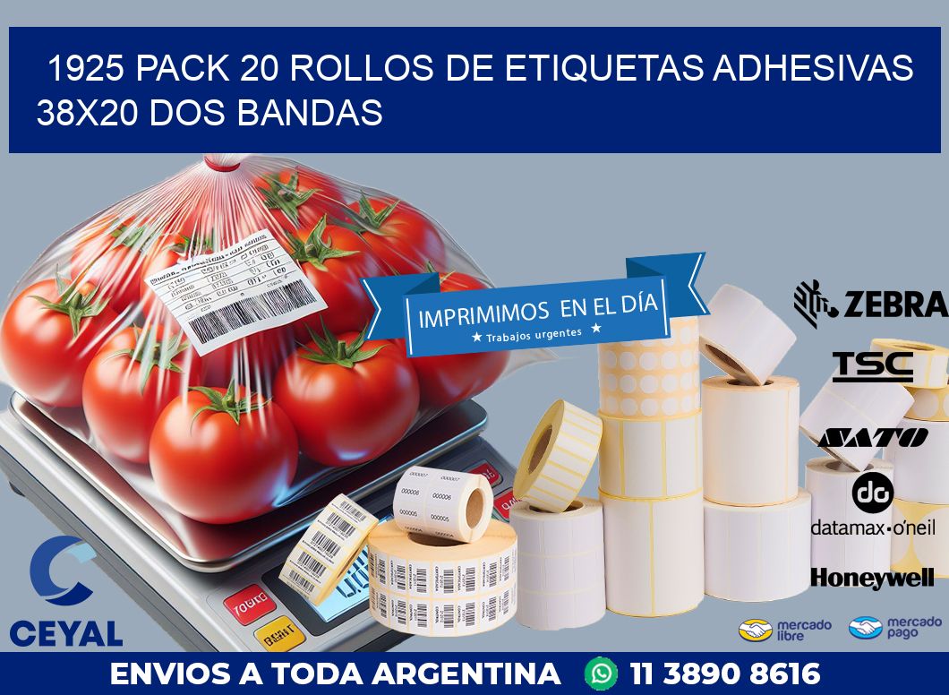 1925 PACK 20 ROLLOS DE ETIQUETAS ADHESIVAS 38X20 DOS BANDAS