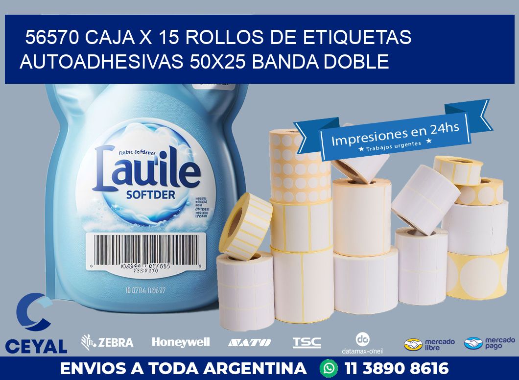56570 CAJA X 15 ROLLOS DE ETIQUETAS AUTOADHESIVAS 50X25 BANDA DOBLE
