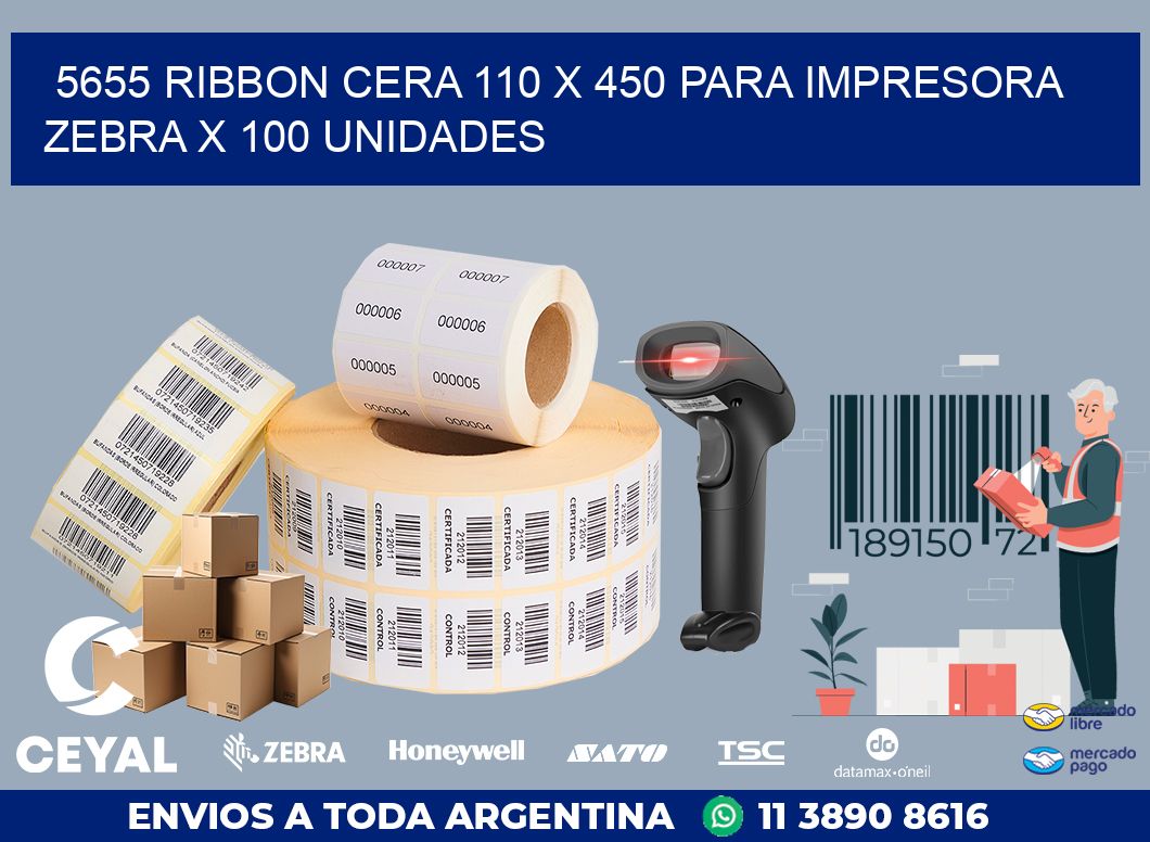 5655 RIBBON CERA 110 X 450 PARA IMPRESORA ZEBRA X 100 UNIDADES