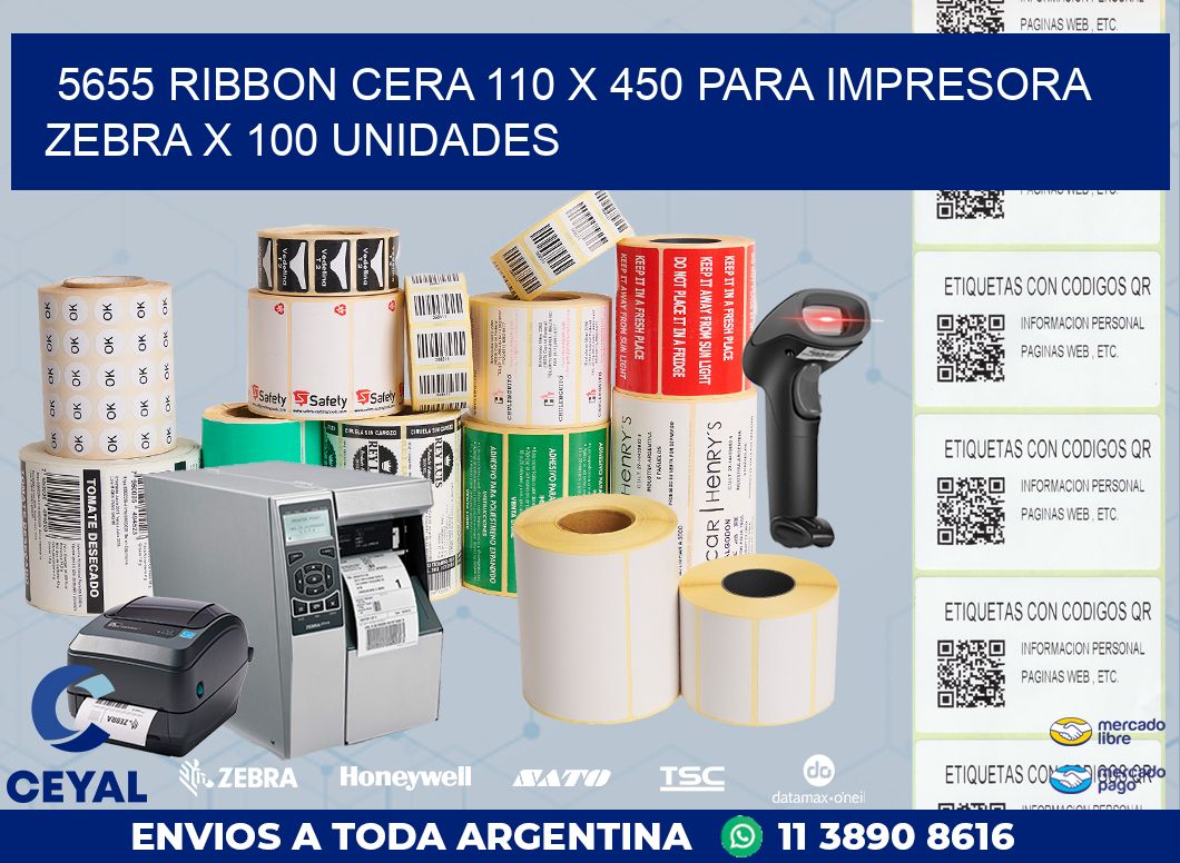 5655 RIBBON CERA 110 X 450 PARA IMPRESORA ZEBRA X 100 UNIDADES