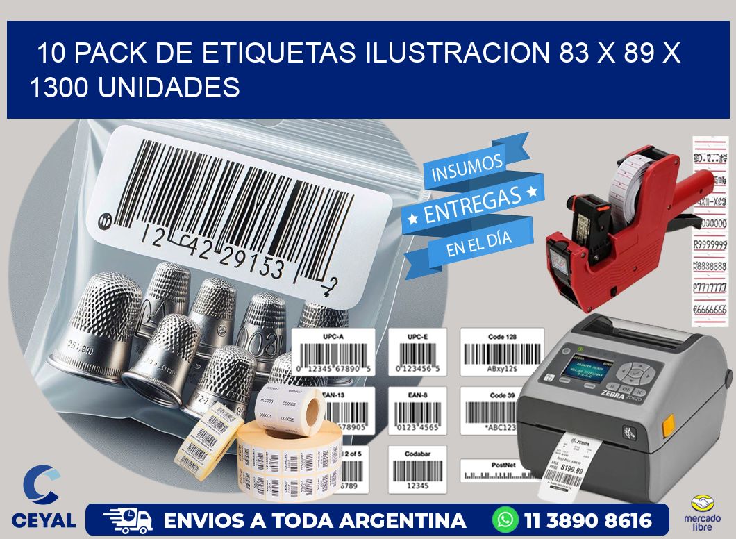 10 PACK DE ETIQUETAS ILUSTRACION 83 x 89 X 1300 UNIDADES