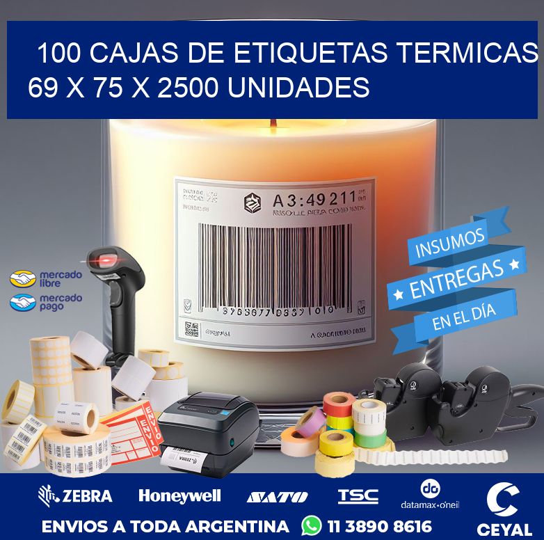 100 CAJAS DE ETIQUETAS TERMICAS 69 x 75 X 2500 UNIDADES