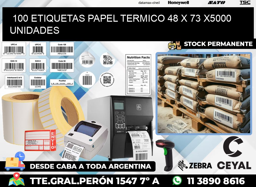 100 ETIQUETAS PAPEL TERMICO 48 x 73 X5000 UNIDADES