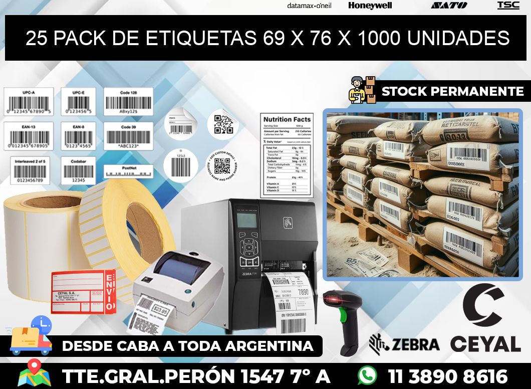 25 PACK DE ETIQUETAS 69 x 76 X 1000 UNIDADES