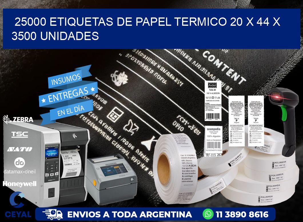 25000 ETIQUETAS DE PAPEL TERMICO 20 x 44 X 3500 UNIDADES