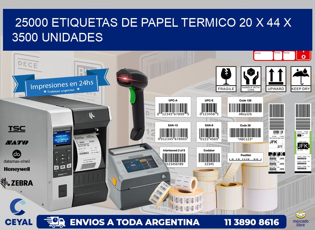 25000 ETIQUETAS DE PAPEL TERMICO 20 x 44 X 3500 UNIDADES