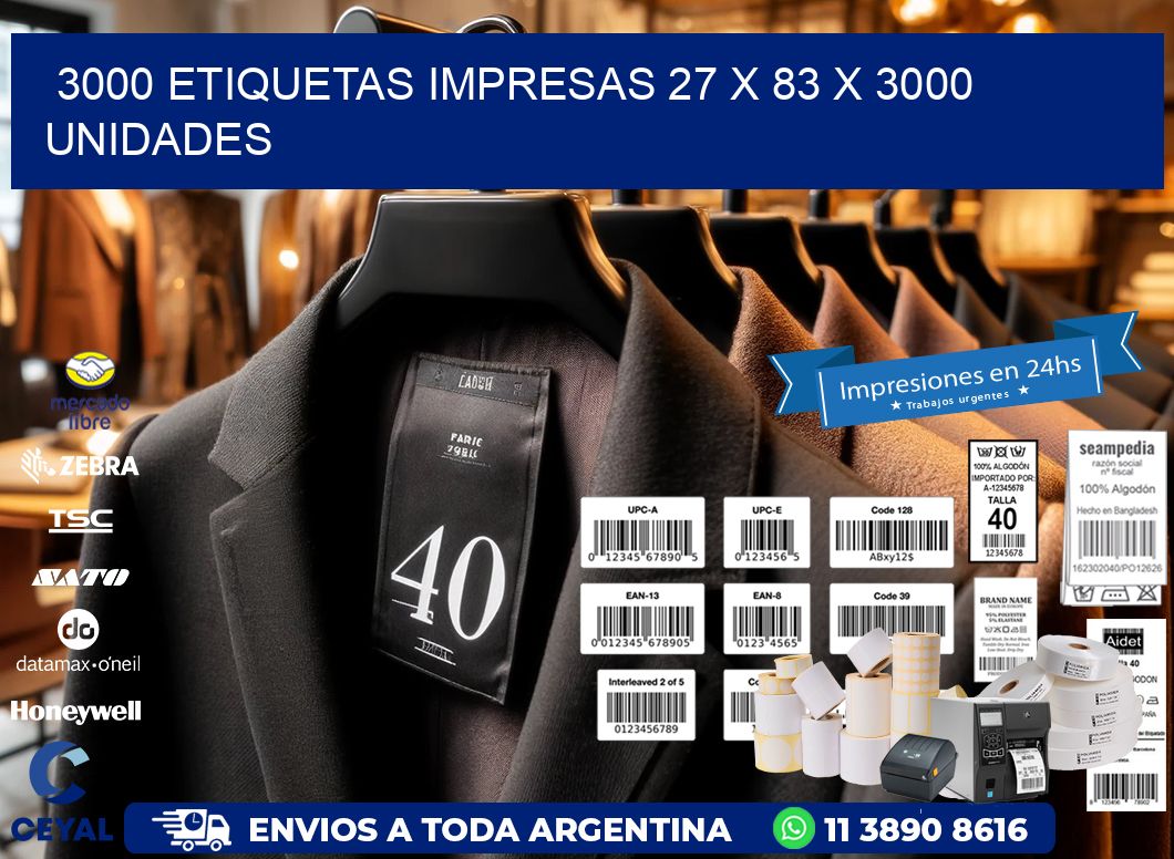 3000 ETIQUETAS IMPRESAS 27 x 83 X 3000 UNIDADES