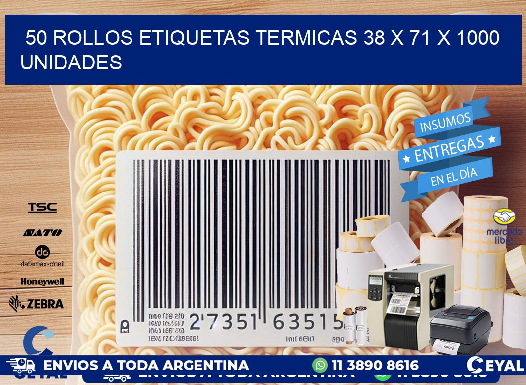 50 ROLLOS ETIQUETAS TERMICAS 38 x 71 X 1000 UNIDADES