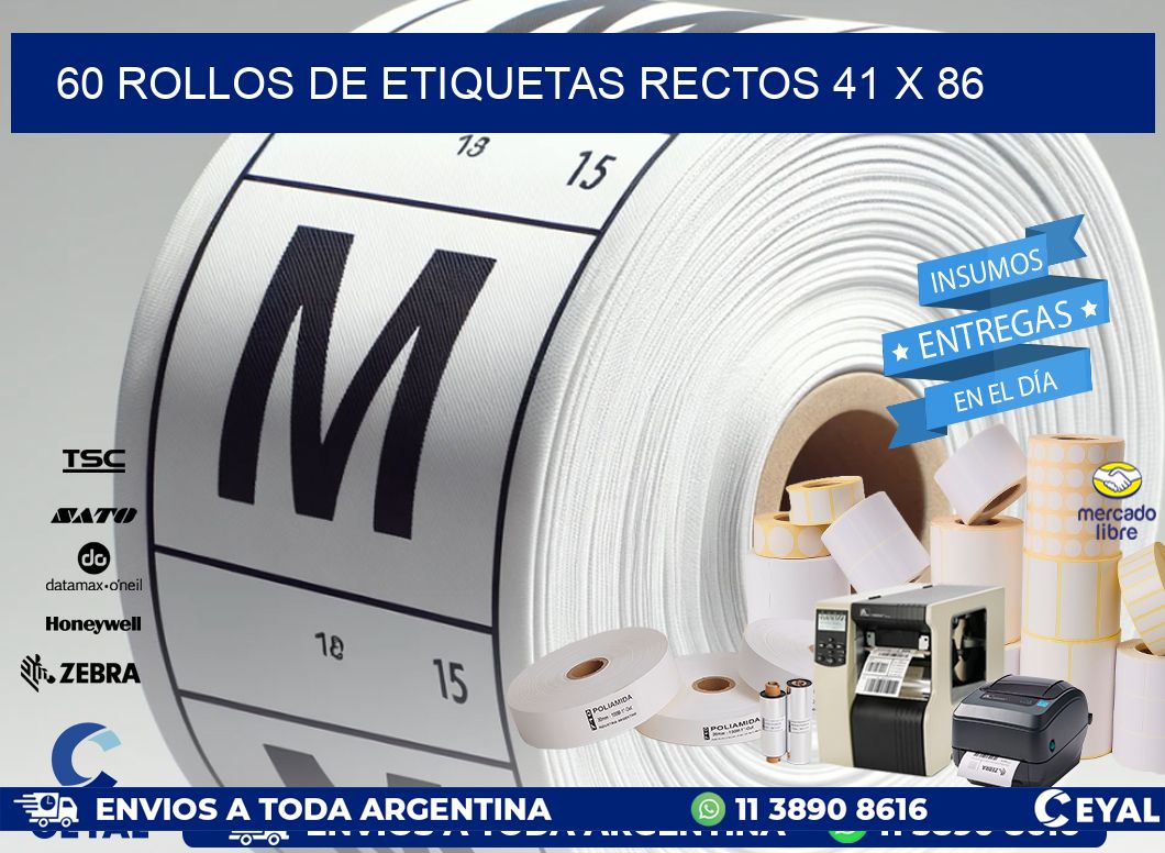 60 ROLLOS DE ETIQUETAS RECTOS 41 x 86