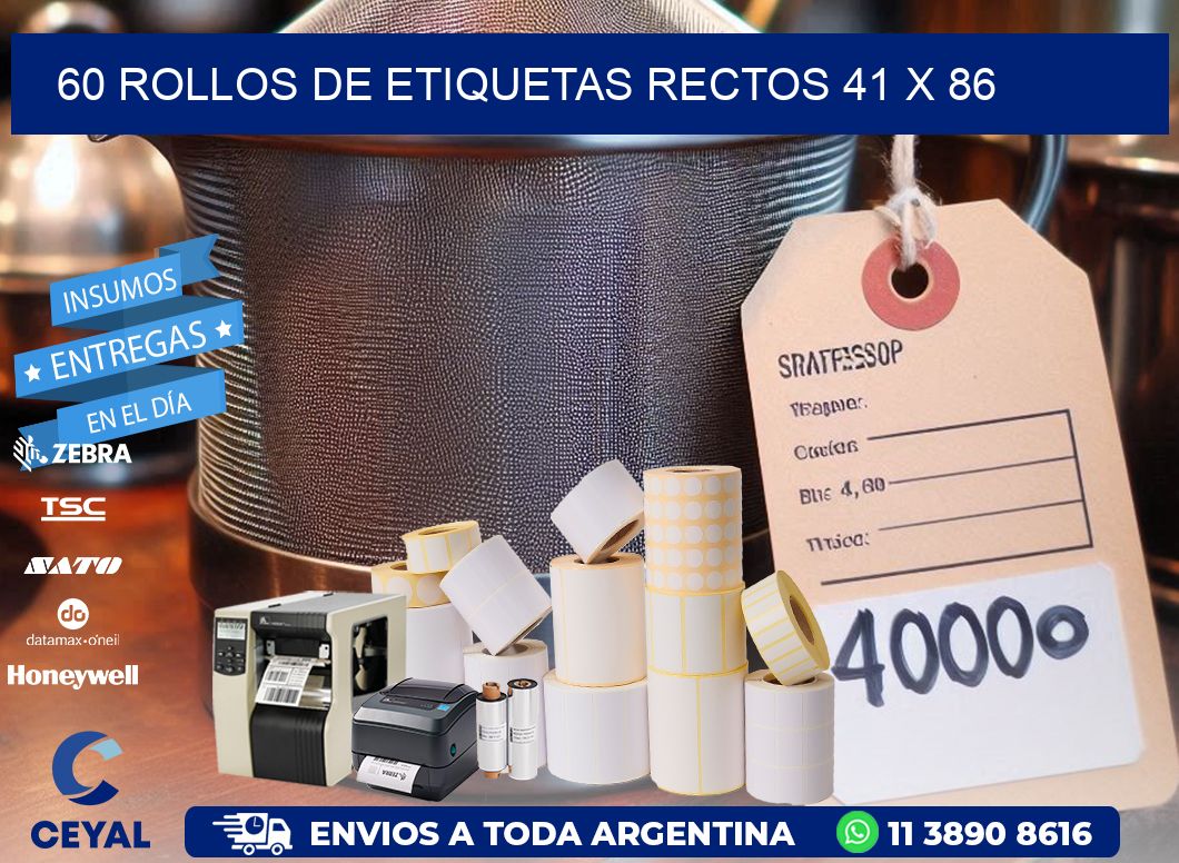 60 ROLLOS DE ETIQUETAS RECTOS 41 x 86