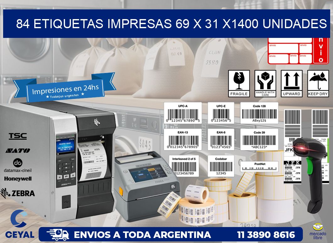 84 ETIQUETAS IMPRESAS 69 x 31 X1400 UNIDADES