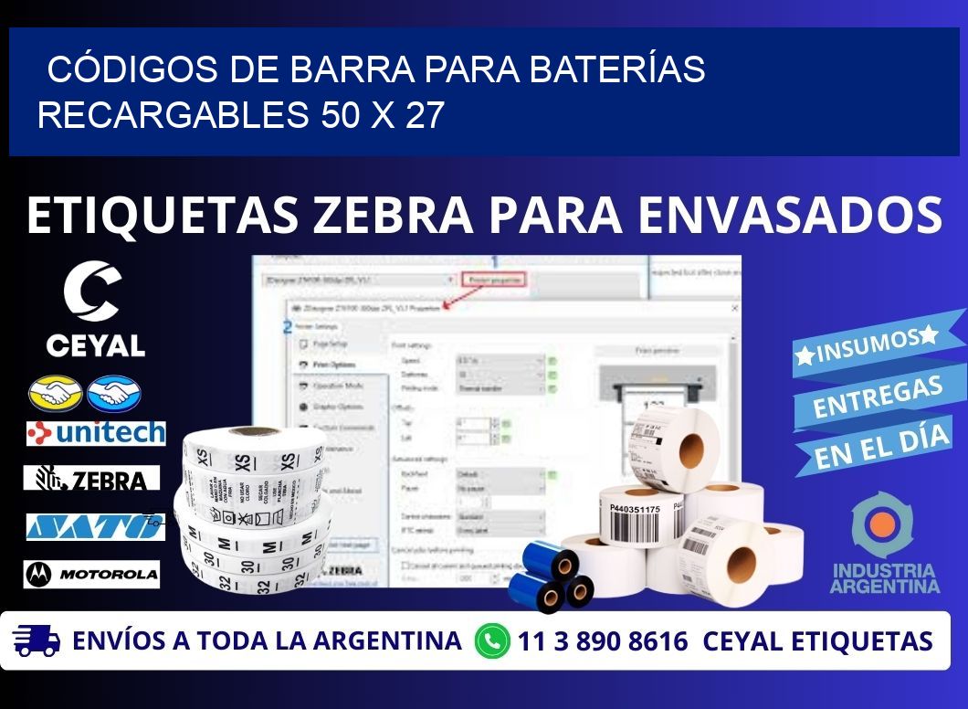 CÓDIGOS DE BARRA PARA BATERÍAS RECARGABLES 50 x 27