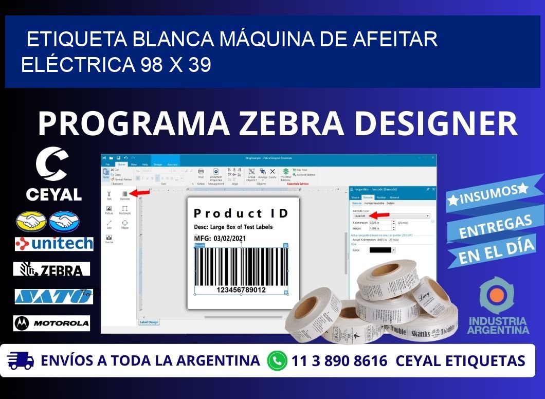 ETIQUETA BLANCA MÁQUINA DE AFEITAR ELÉCTRICA 98 x 39