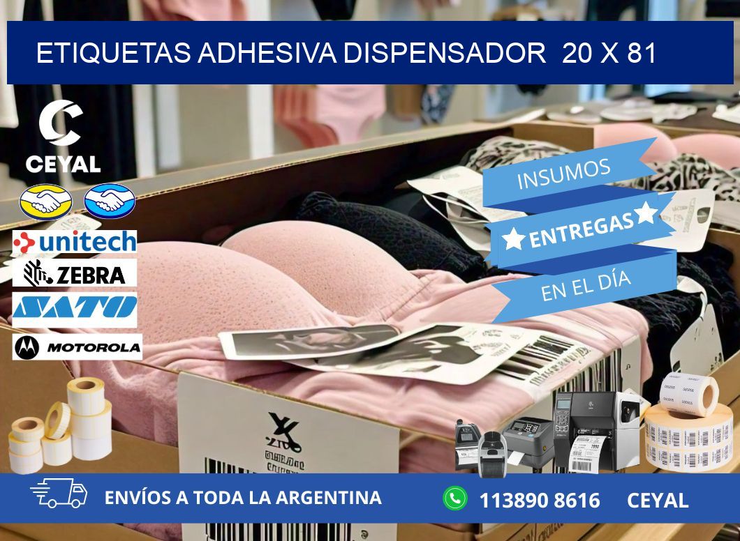 ETIQUETAS ADHESIVA DISPENSADOR  20 x 81