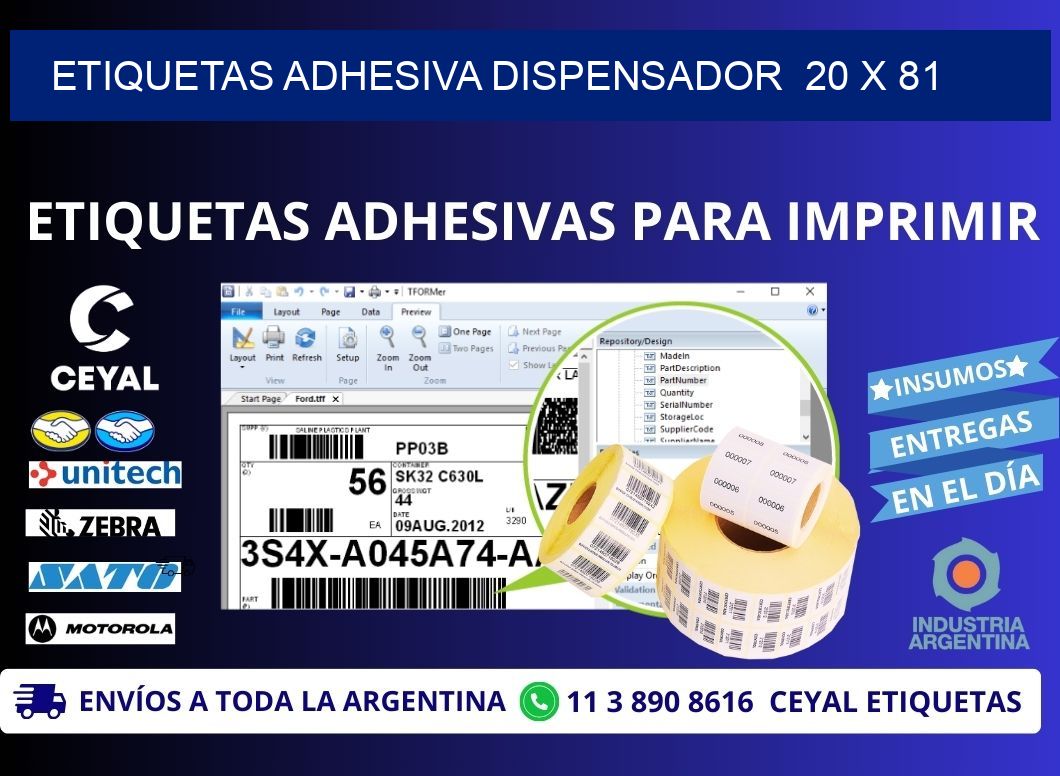 ETIQUETAS ADHESIVA DISPENSADOR  20 x 81