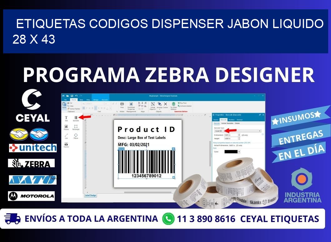 ETIQUETAS CODIGOS DISPENSER JABON LIQUIDO 28 x 43