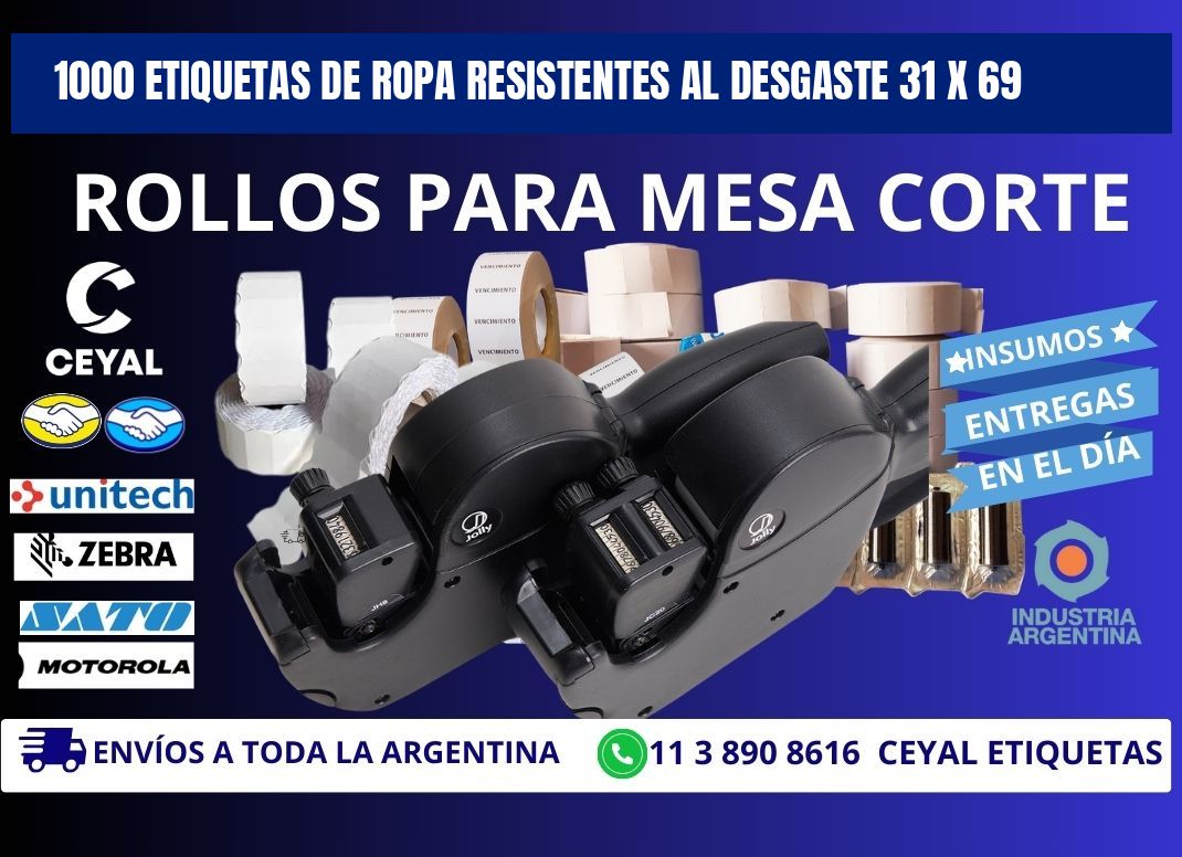 1000 ETIQUETAS DE ROPA RESISTENTES AL DESGASTE 31 x 69