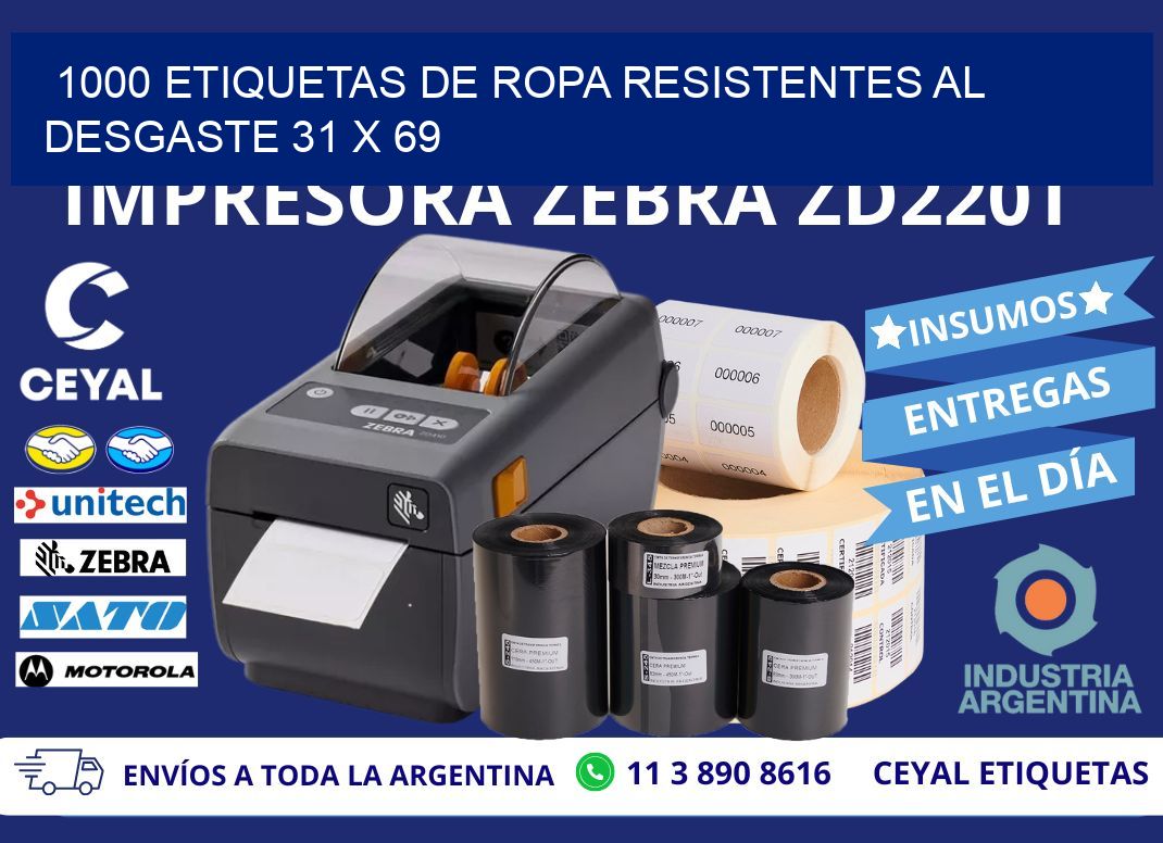 1000 ETIQUETAS DE ROPA RESISTENTES AL DESGASTE 31 x 69