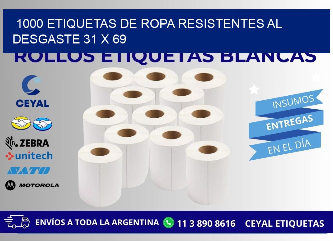 1000 ETIQUETAS DE ROPA RESISTENTES AL DESGASTE 31 x 69