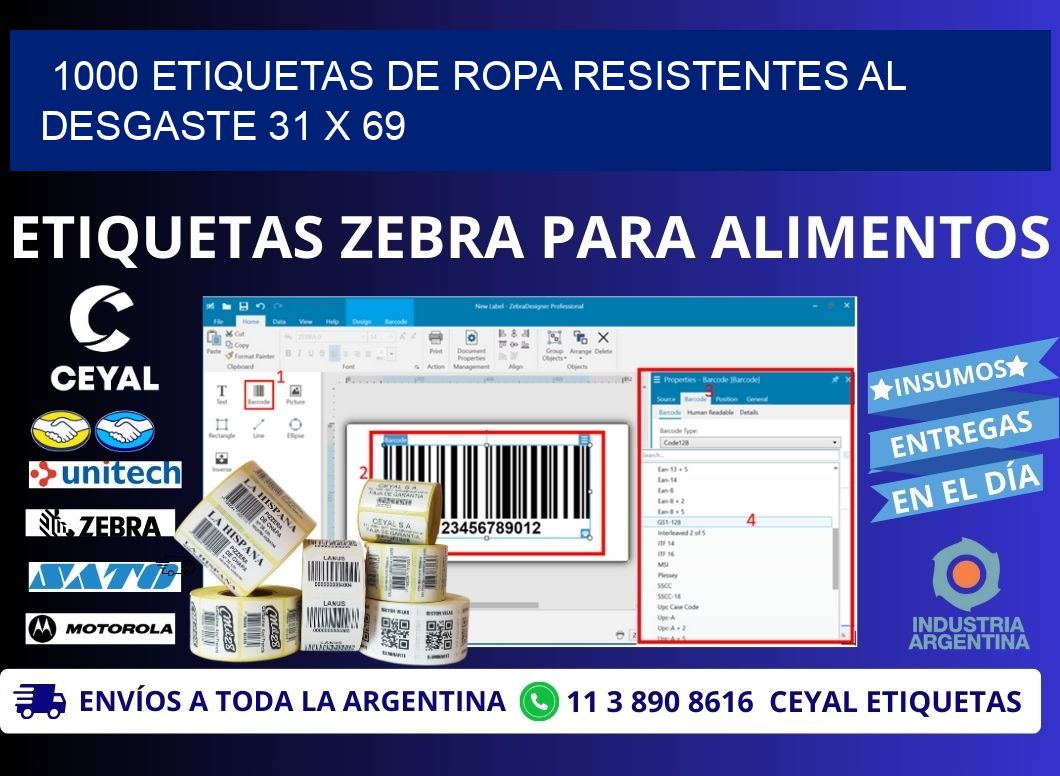 1000 ETIQUETAS DE ROPA RESISTENTES AL DESGASTE 31 x 69