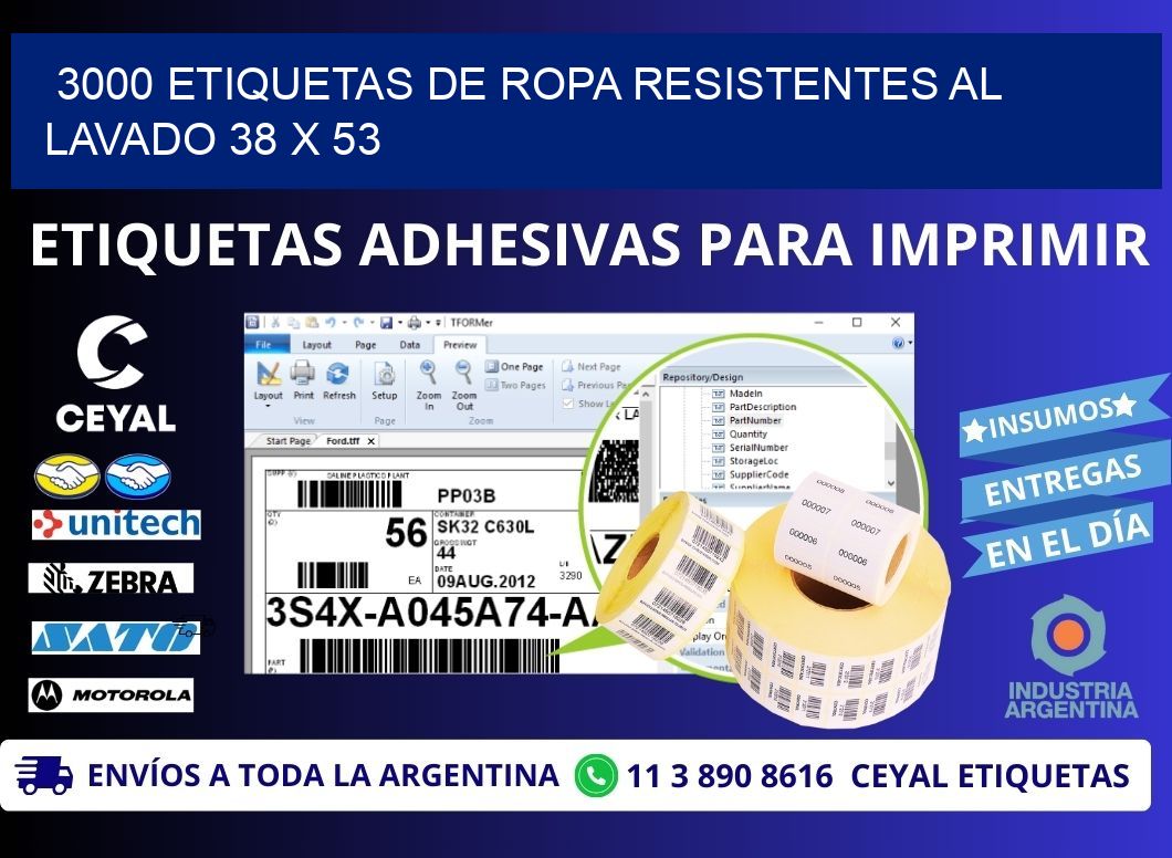 3000 ETIQUETAS DE ROPA RESISTENTES AL LAVADO 38 x 53