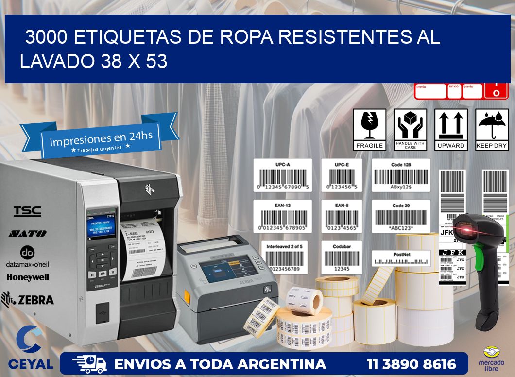 3000 ETIQUETAS DE ROPA RESISTENTES AL LAVADO 38 x 53