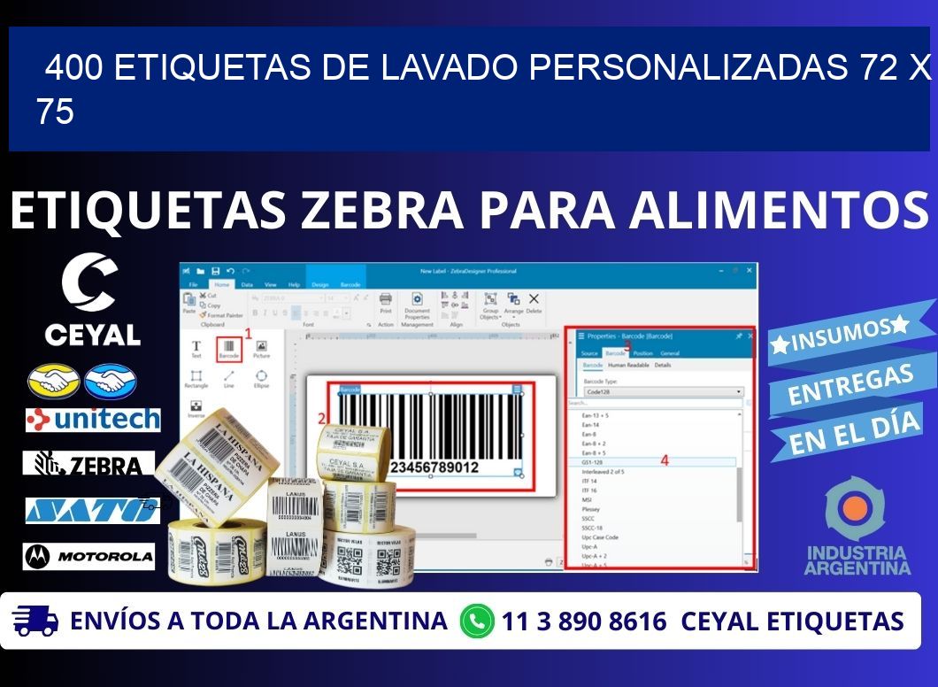 400 ETIQUETAS DE LAVADO PERSONALIZADAS 72 x 75