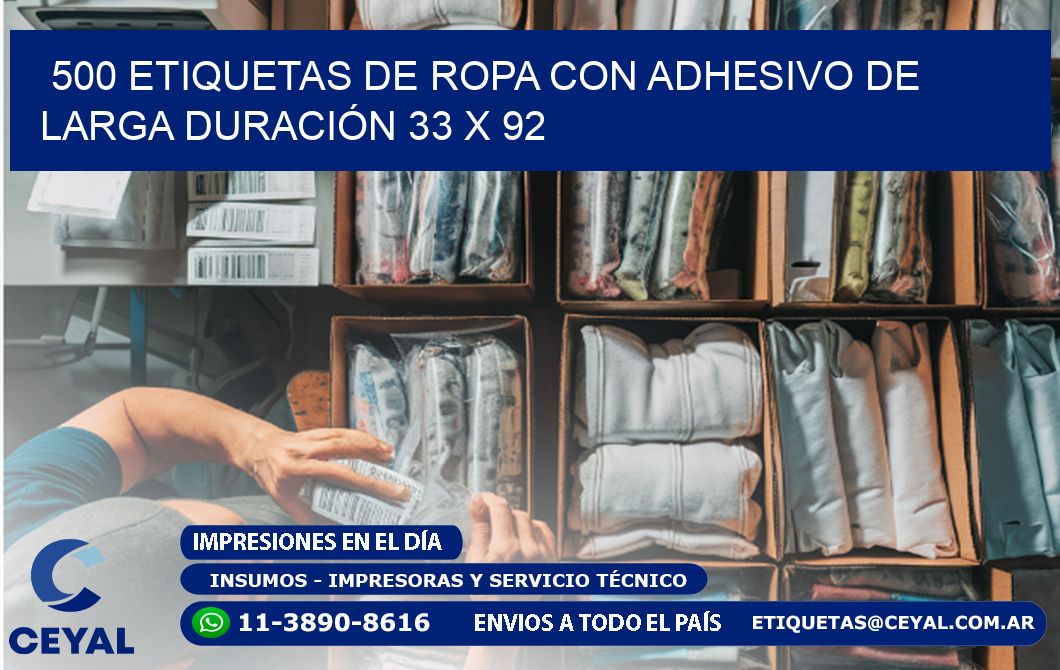 500 ETIQUETAS DE ROPA CON ADHESIVO DE LARGA DURACIÓN 33 x 92