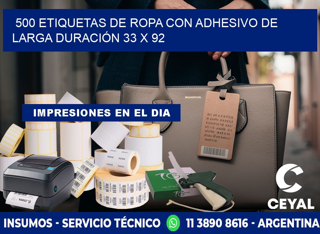 500 ETIQUETAS DE ROPA CON ADHESIVO DE LARGA DURACIÓN 33 x 92