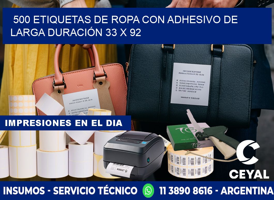500 ETIQUETAS DE ROPA CON ADHESIVO DE LARGA DURACIÓN 33 x 92