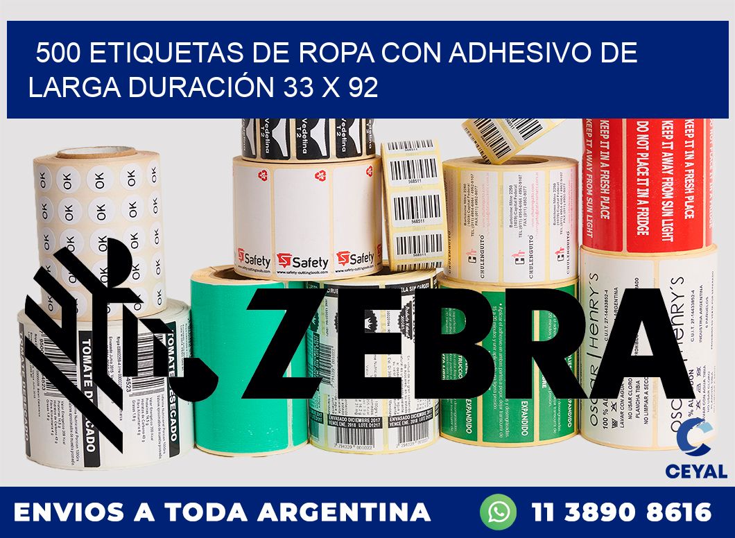 500 ETIQUETAS DE ROPA CON ADHESIVO DE LARGA DURACIÓN 33 x 92