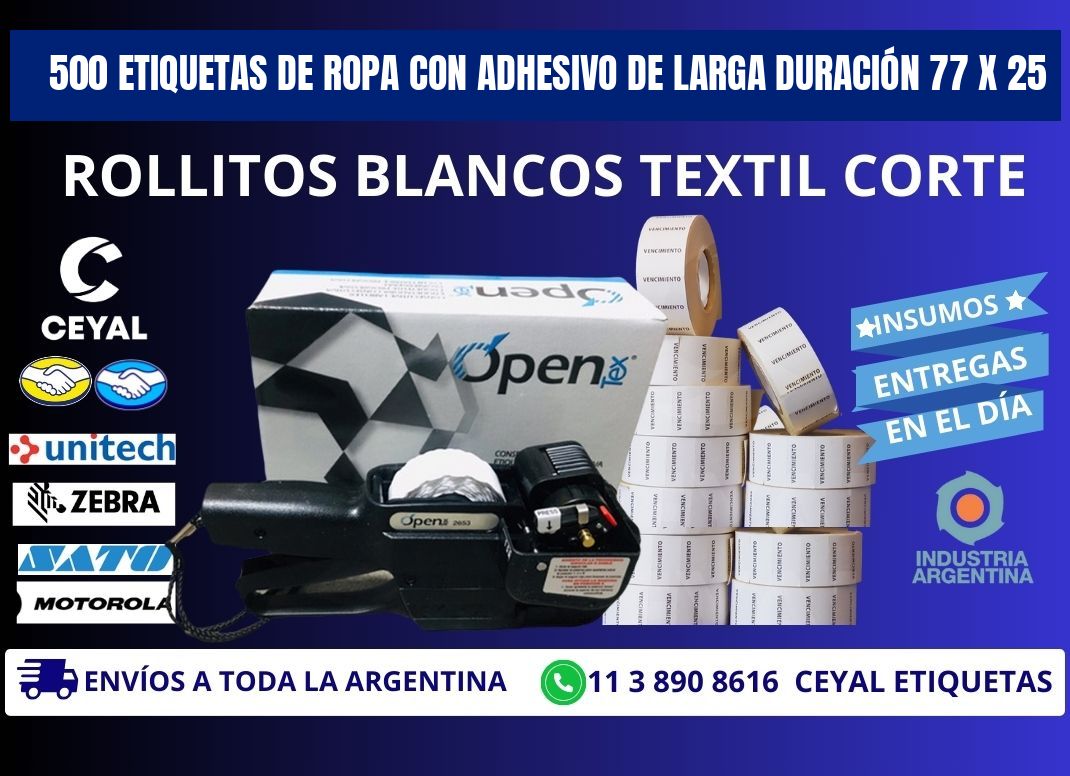 500 ETIQUETAS DE ROPA CON ADHESIVO DE LARGA DURACIÓN 77 x 25