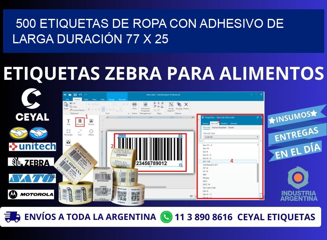 500 ETIQUETAS DE ROPA CON ADHESIVO DE LARGA DURACIÓN 77 x 25