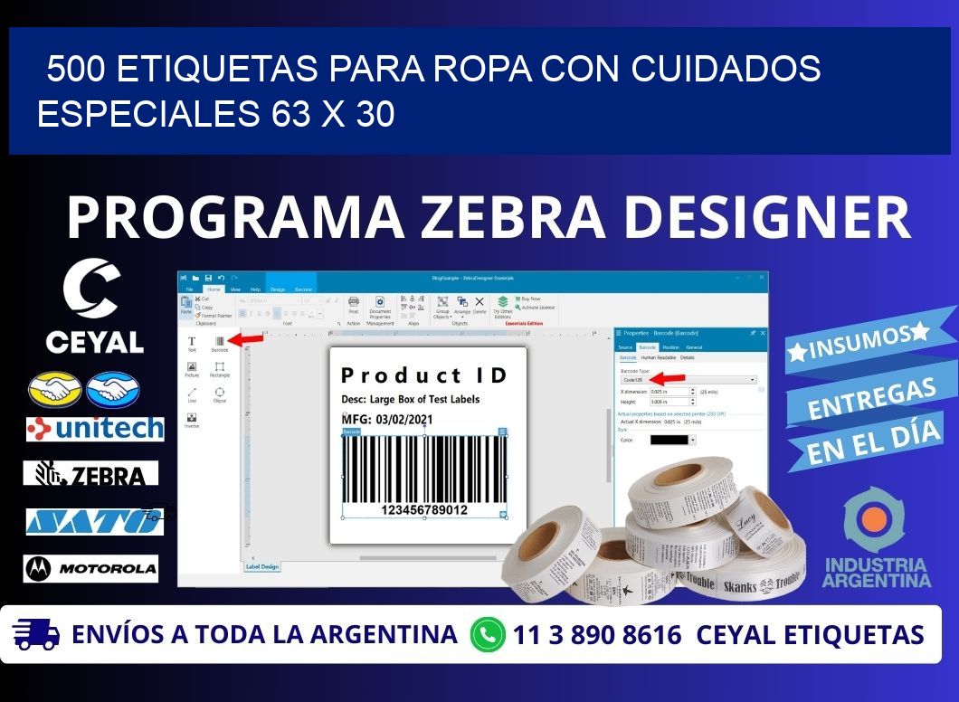 500 ETIQUETAS PARA ROPA CON CUIDADOS ESPECIALES 63 x 30