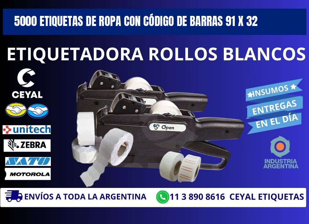 5000 ETIQUETAS DE ROPA CON CÓDIGO DE BARRAS 91 x 32