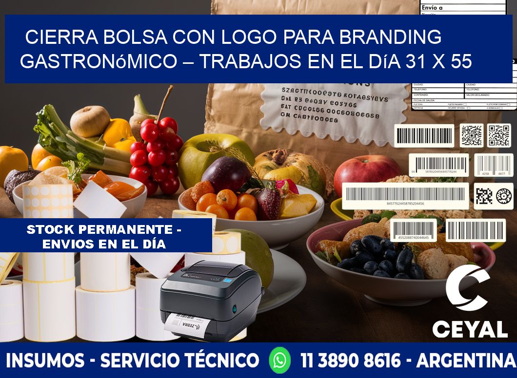 Cierra bolsa con logo para branding gastronómico – Trabajos en el día 31 x 55