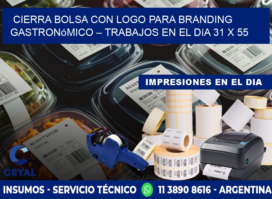 Cierra bolsa con logo para branding gastronómico – Trabajos en el día 31 x 55