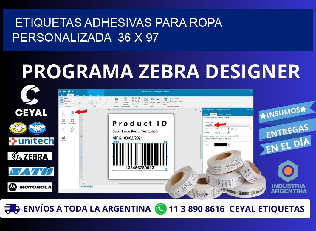 ETIQUETAS ADHESIVAS PARA ROPA PERSONALIZADA  36 x 97