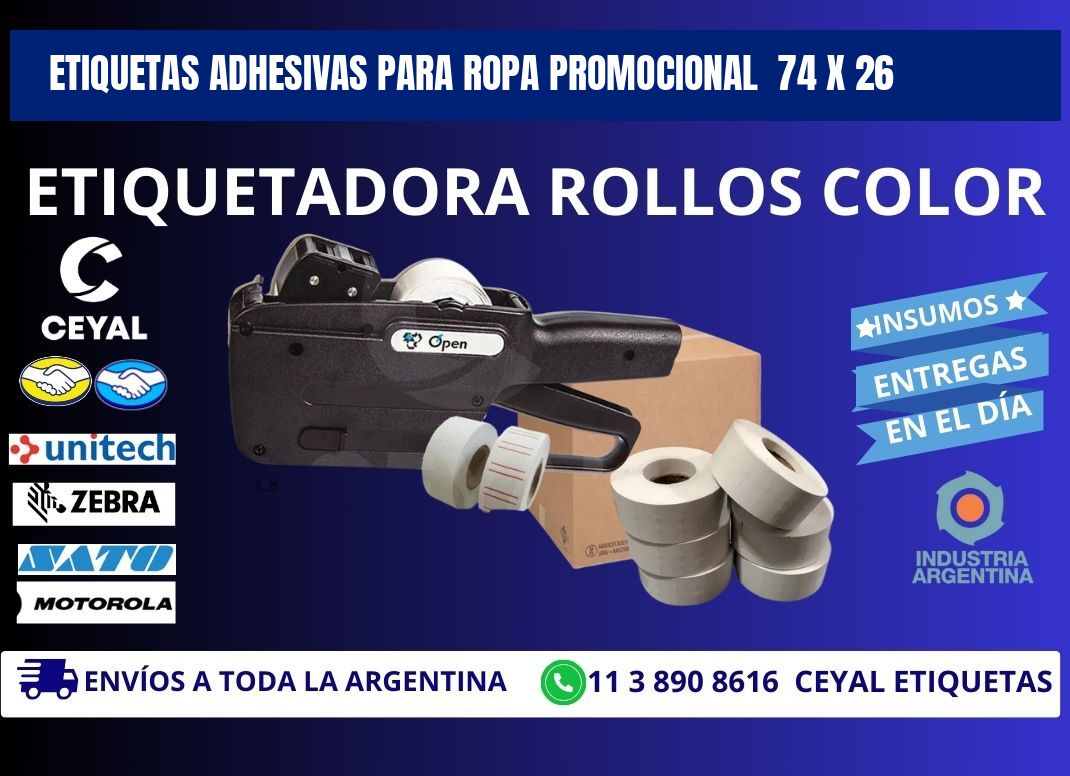 ETIQUETAS ADHESIVAS PARA ROPA PROMOCIONAL  74 x 26