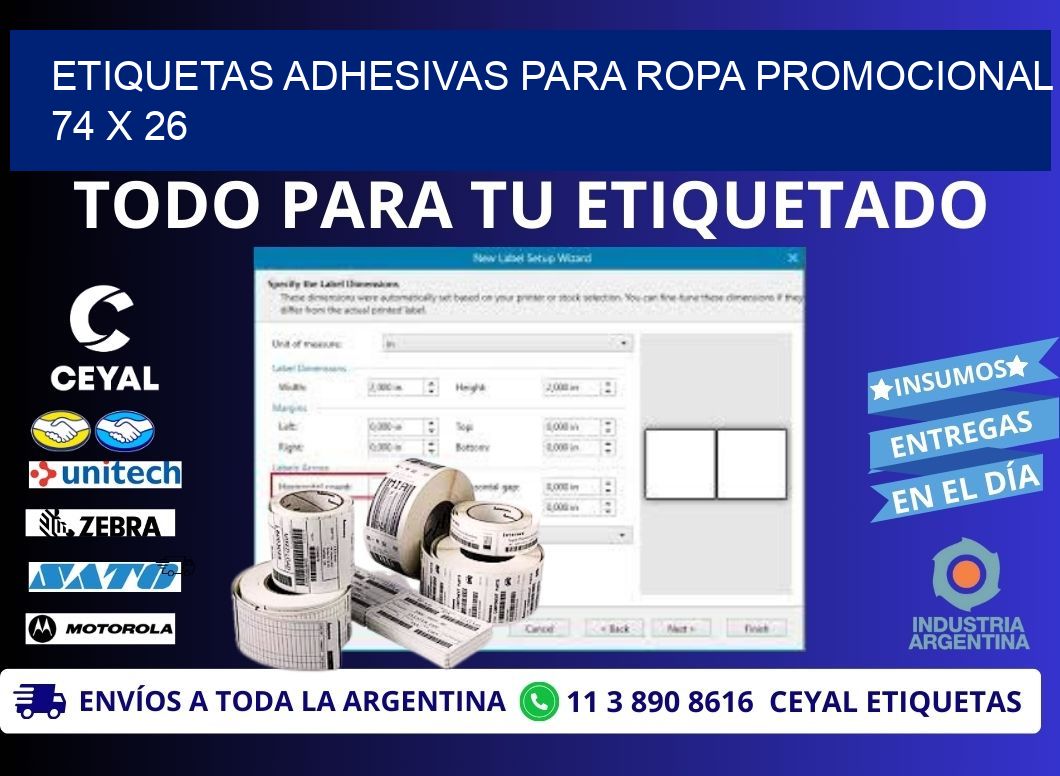 ETIQUETAS ADHESIVAS PARA ROPA PROMOCIONAL  74 x 26