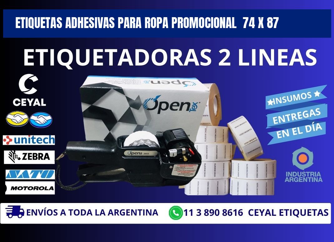 ETIQUETAS ADHESIVAS PARA ROPA PROMOCIONAL  74 x 87