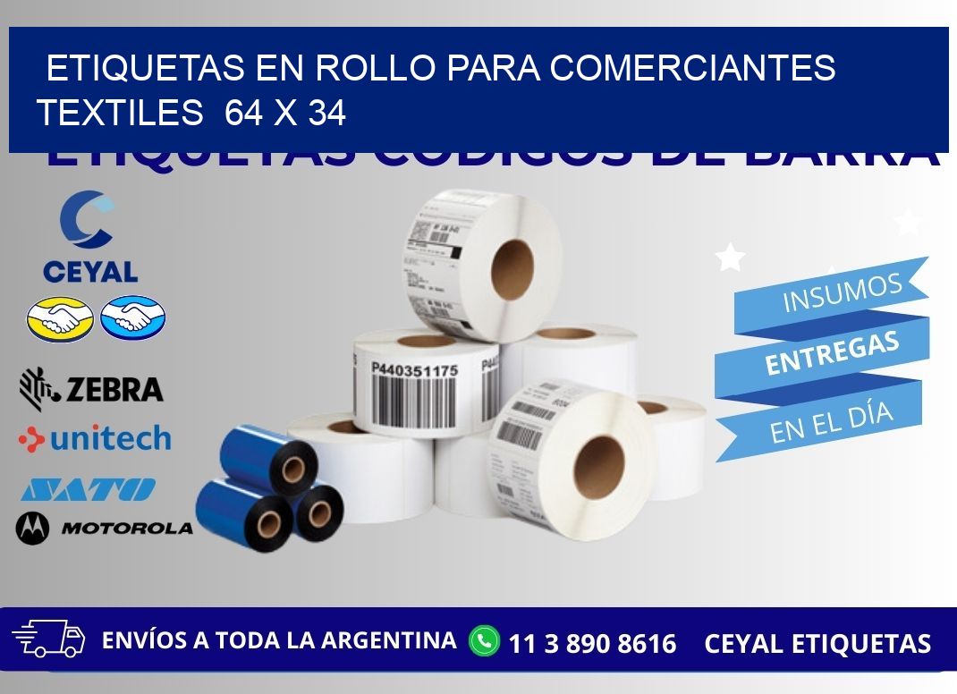 ETIQUETAS EN ROLLO PARA COMERCIANTES TEXTILES  64 x 34