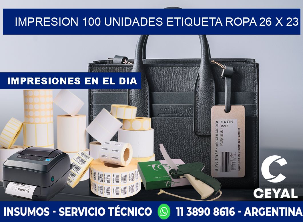 IMPRESION 100 UNIDADES ETIQUETA ROPA 26 x 23
