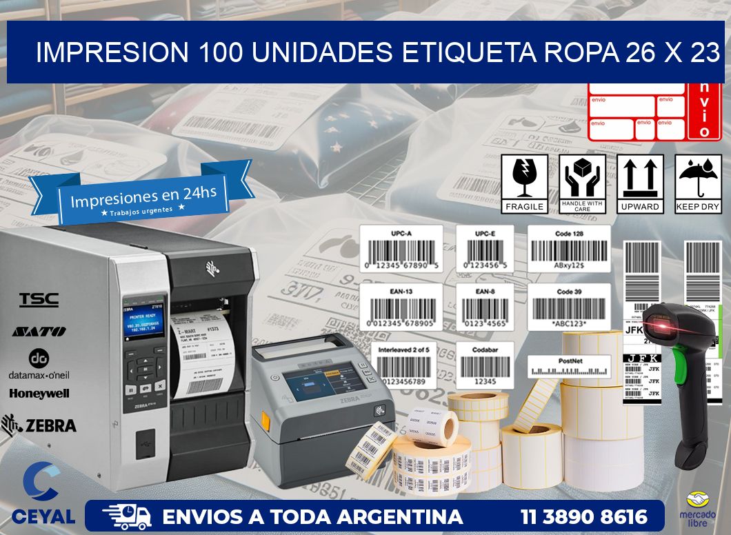 IMPRESION 100 UNIDADES ETIQUETA ROPA 26 x 23