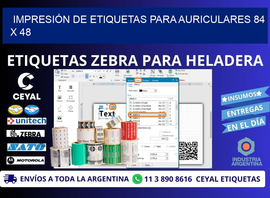 IMPRESIÓN DE ETIQUETAS PARA AURICULARES 84 x 48