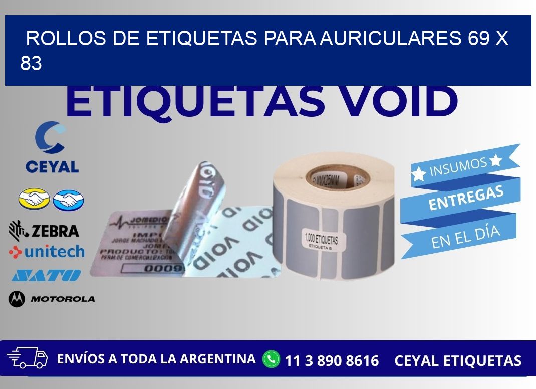 ROLLOS DE ETIQUETAS PARA AURICULARES 69 x 83