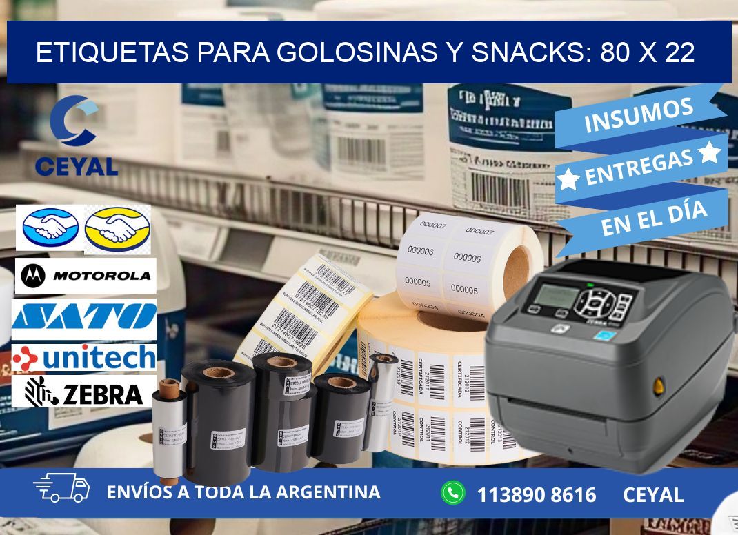 ETIQUETAS PARA GOLOSINAS Y SNACKS: 80 x 22