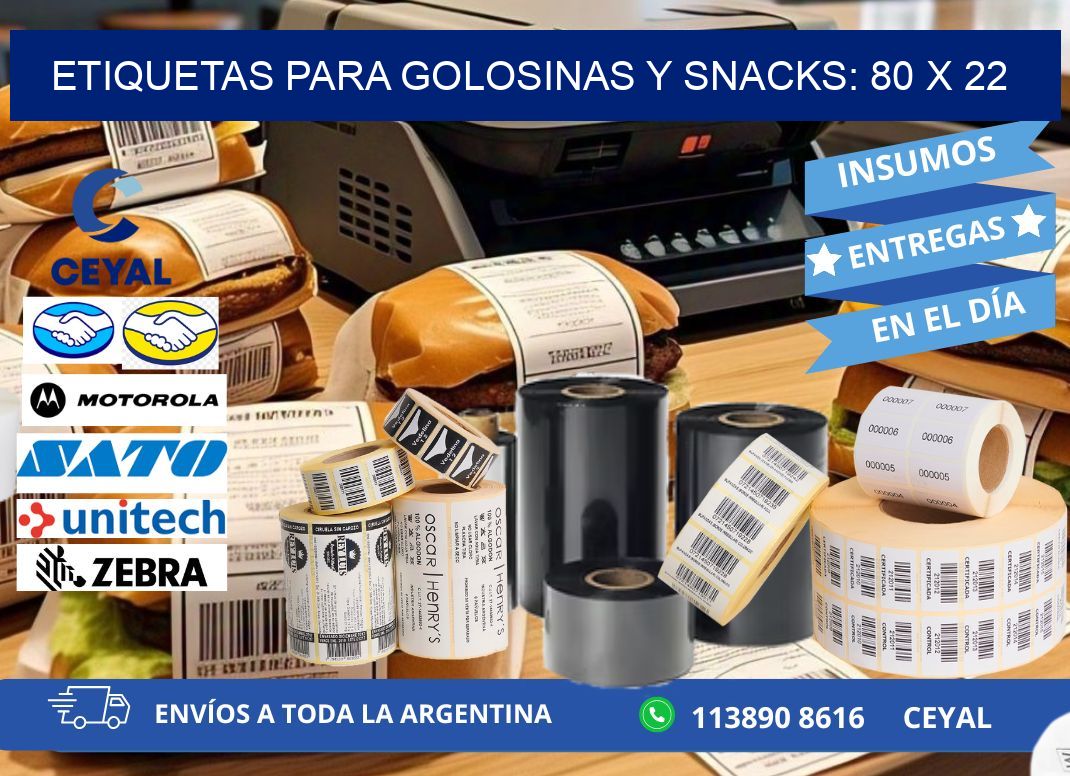 ETIQUETAS PARA GOLOSINAS Y SNACKS: 80 x 22