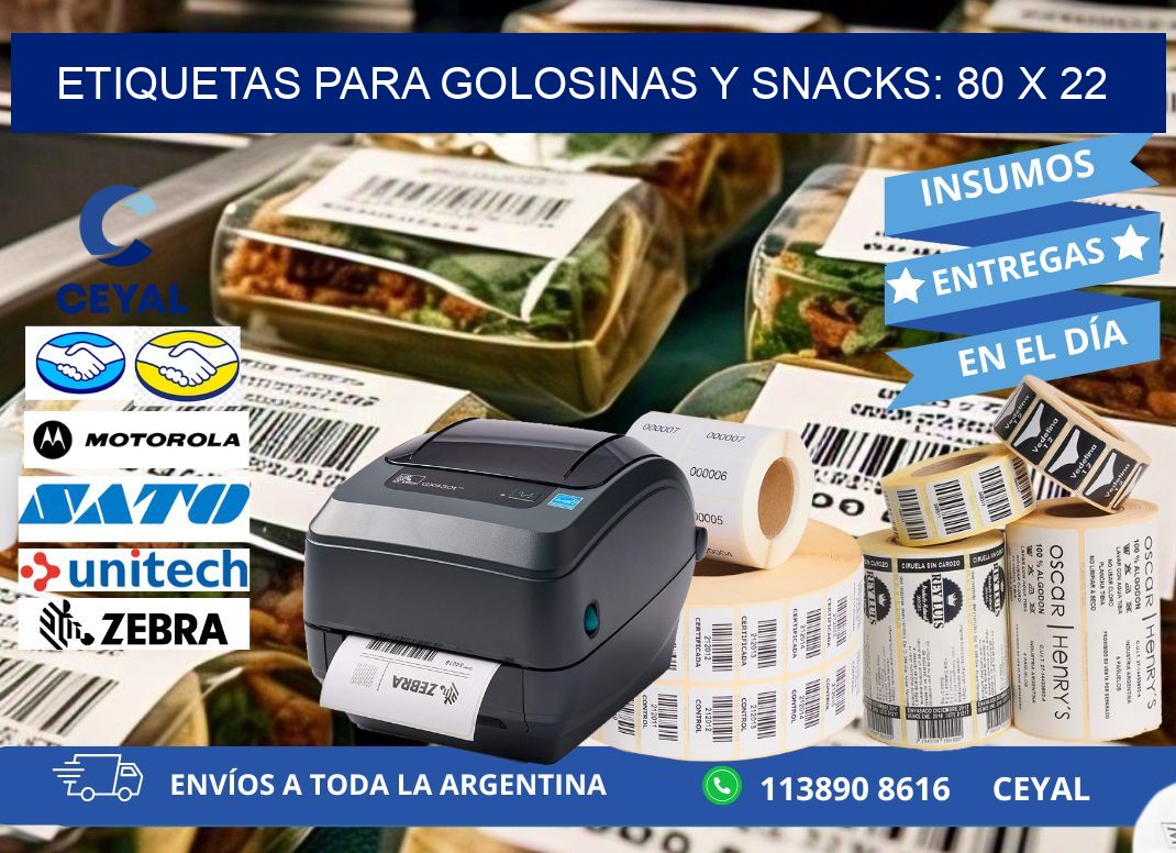 ETIQUETAS PARA GOLOSINAS Y SNACKS: 80 x 22