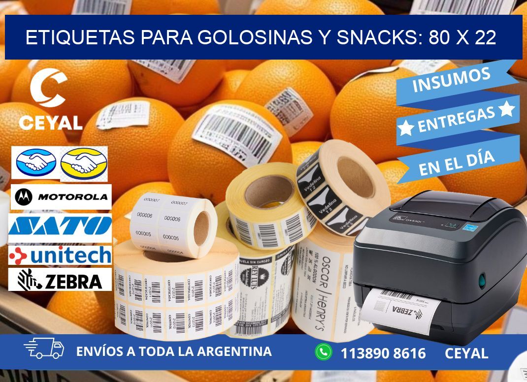 ETIQUETAS PARA GOLOSINAS Y SNACKS: 80 x 22